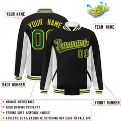 Black White-Green Color Block Varsity Full-Snap Letterman Baseball Jacket 2