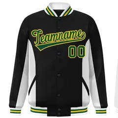 Black White-Green Color Block Varsity Full-Snap Letterman Baseball Jacket 3