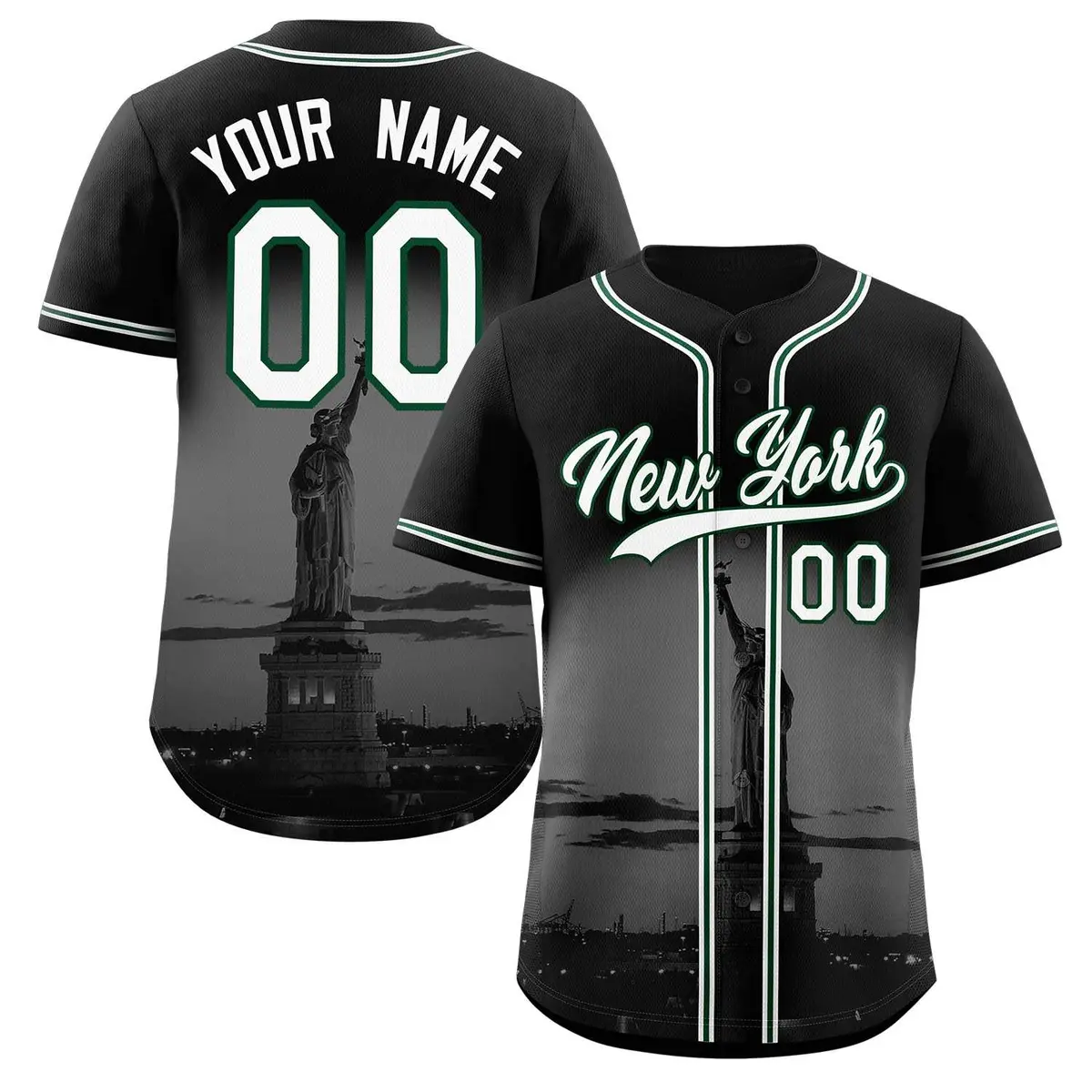 Black White Green New York City Skyline Baseball Jersey