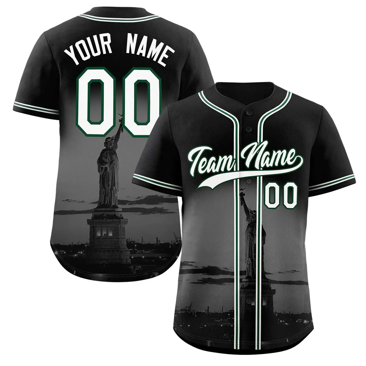Black White Green New York City Skyline Baseball Jersey