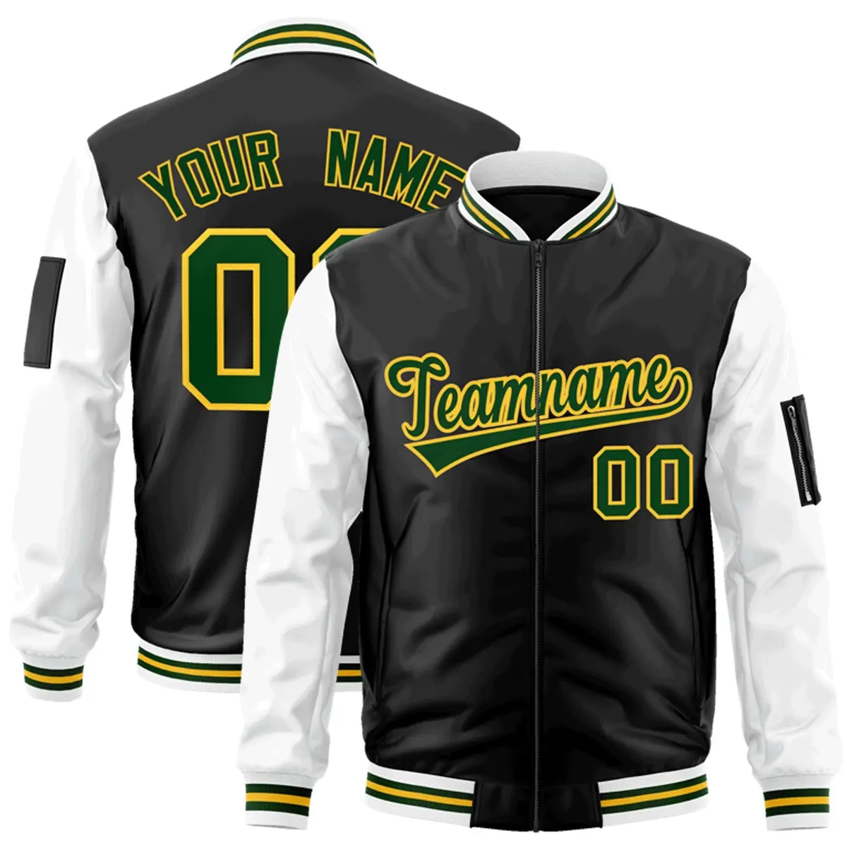Black White-Green Raglan Varsity Letterman Bomber Jacket