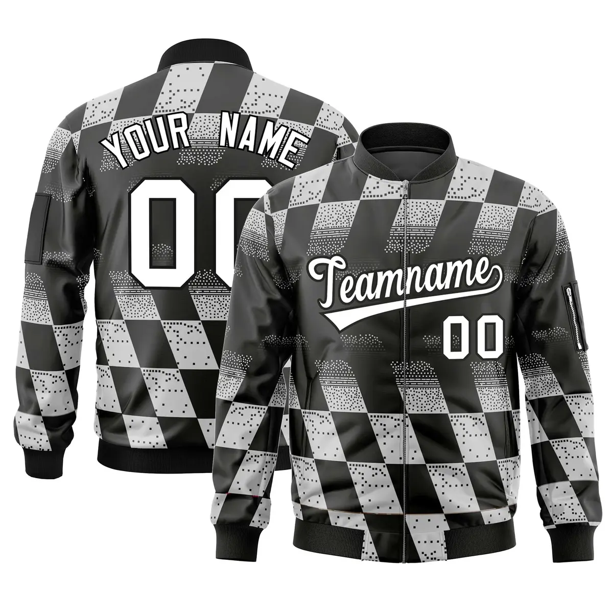 Black White Grid Color Block Full-Zip Letterman Bomber Jacket