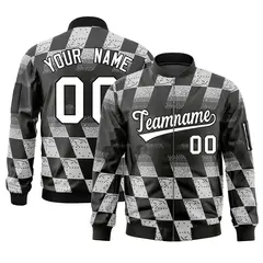 Black White Grid Color Block Full-Zip Letterman Bomber Jacket 1