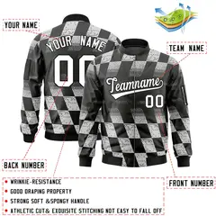 Black White Grid Color Block Full-Zip Letterman Bomber Jacket 2