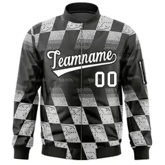 Black White Grid Color Block Full-Zip Letterman Bomber Jacket 3