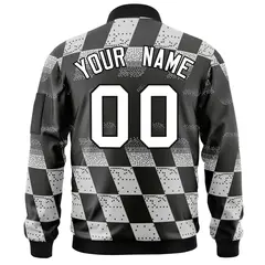 Black White Grid Color Block Full-Zip Letterman Bomber Jacket 4