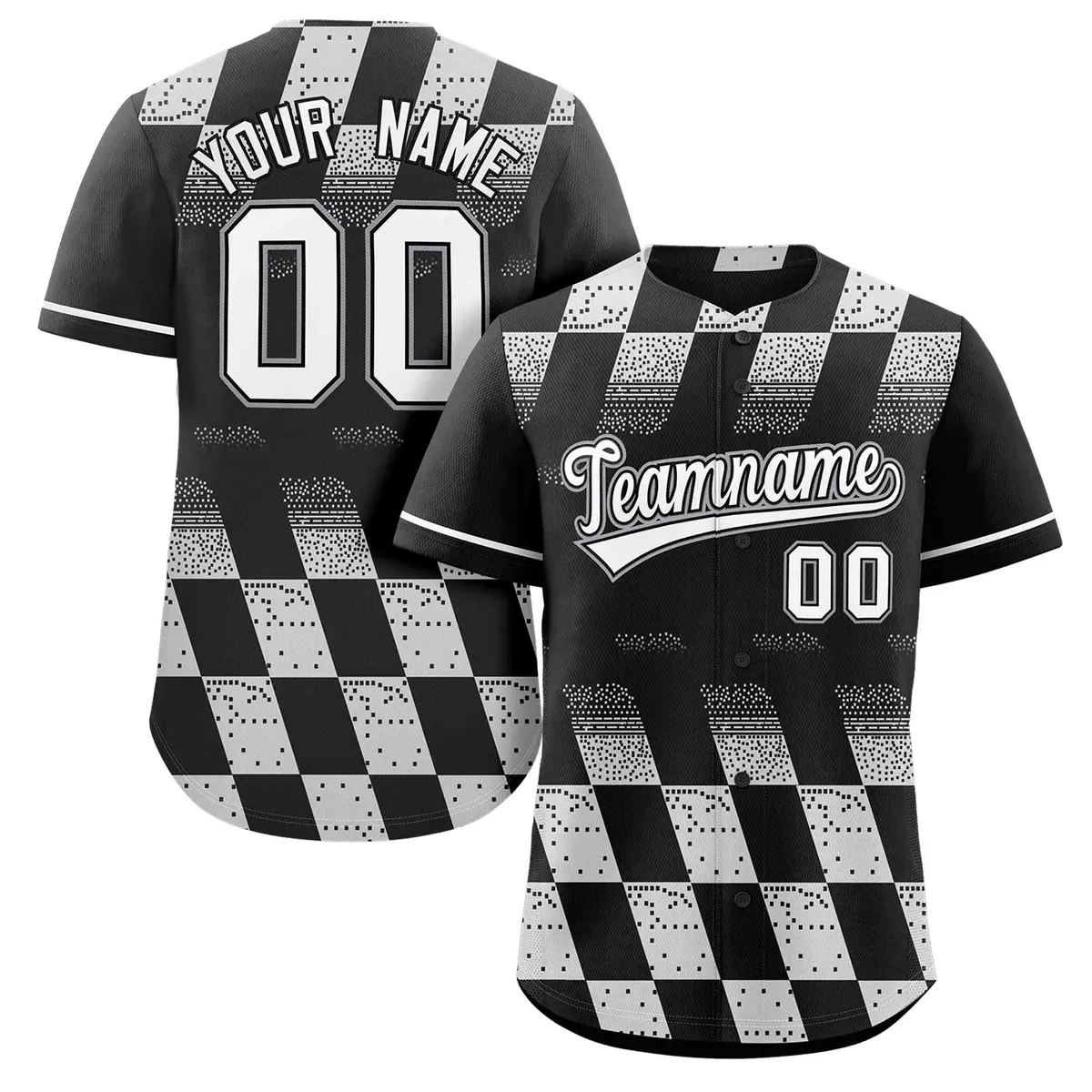 Black White Grid Speckles Color Block Baseball Jersey
