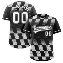 Black White Grid Speckles Color Block Baseball Jersey