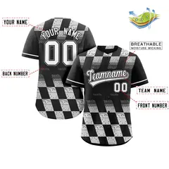 Black White Grid Speckles Color Block Baseball Jersey 2