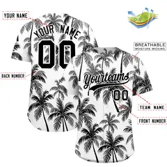 Black White Hawaiian Graffiti Palm Tree Baseball Jersey 2