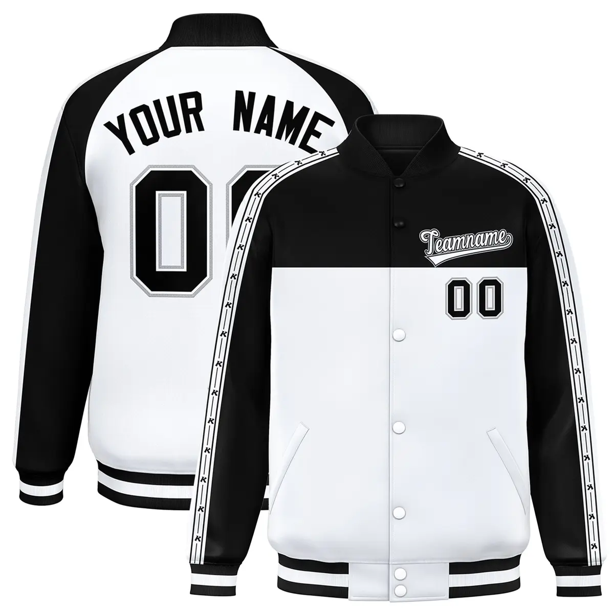 Black White K-Ribbon Raglan Varsity Full-Snap Color Block Letterman Jacket