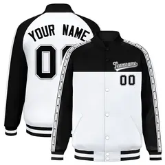 Black White K-Ribbon Raglan Varsity Full-Snap Color Block Letterman Jacket