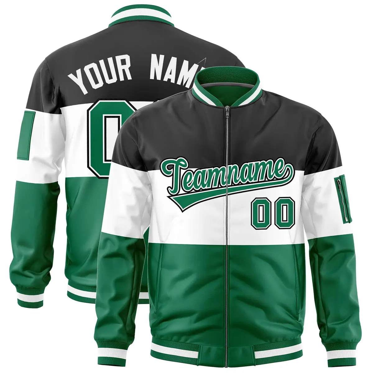 Black White-Kelly Green Color Block Varsity Letterman Bomber Jacket