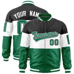 Black White-Kelly Green Color Block Varsity Letterman Bomber Jacket 1