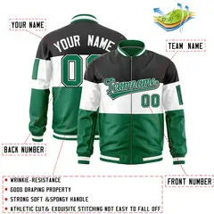 Black White-Kelly Green Color Block Varsity Letterman Bomber Jacket 2