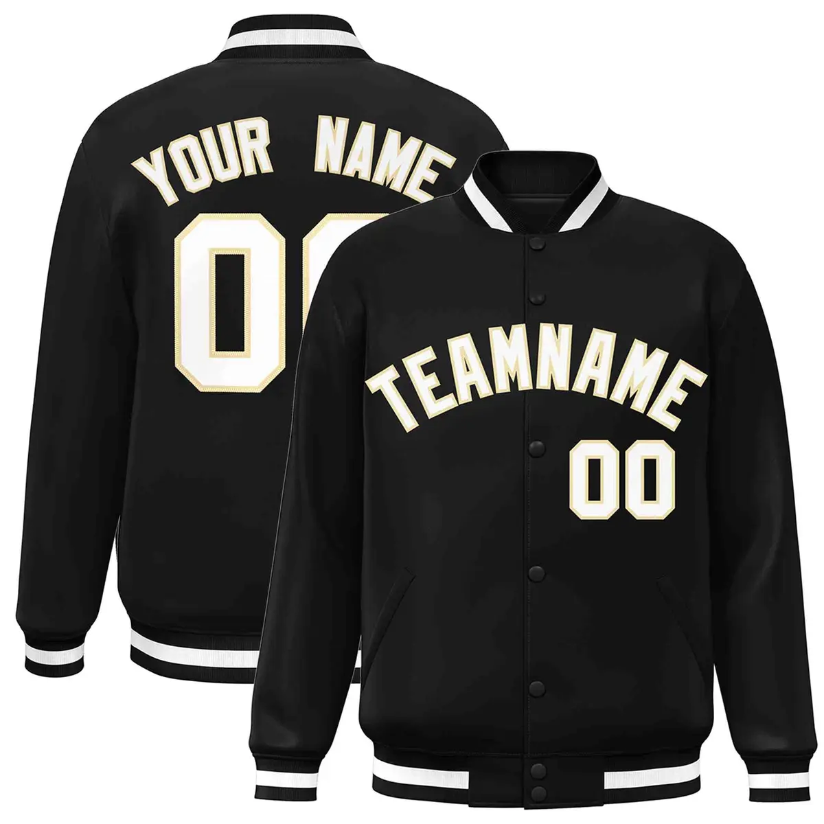 Black White-Khaki Classic Varsity Full-Snap Letterman Jacket