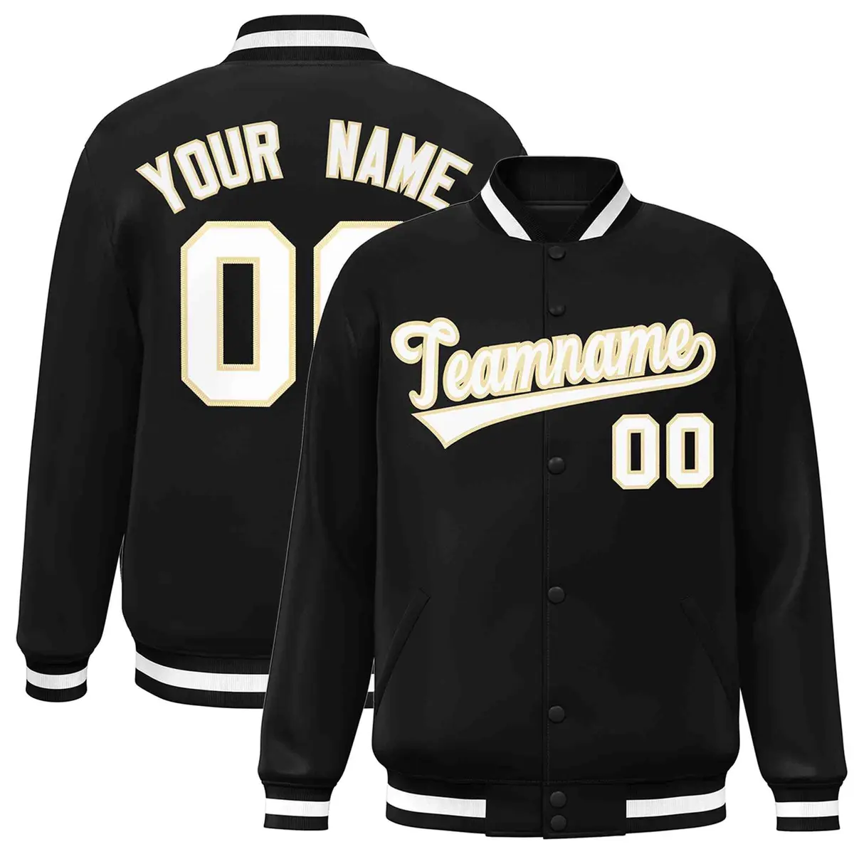 Black White-Khaki Classic Varsity Full-Snap Letterman Jacket