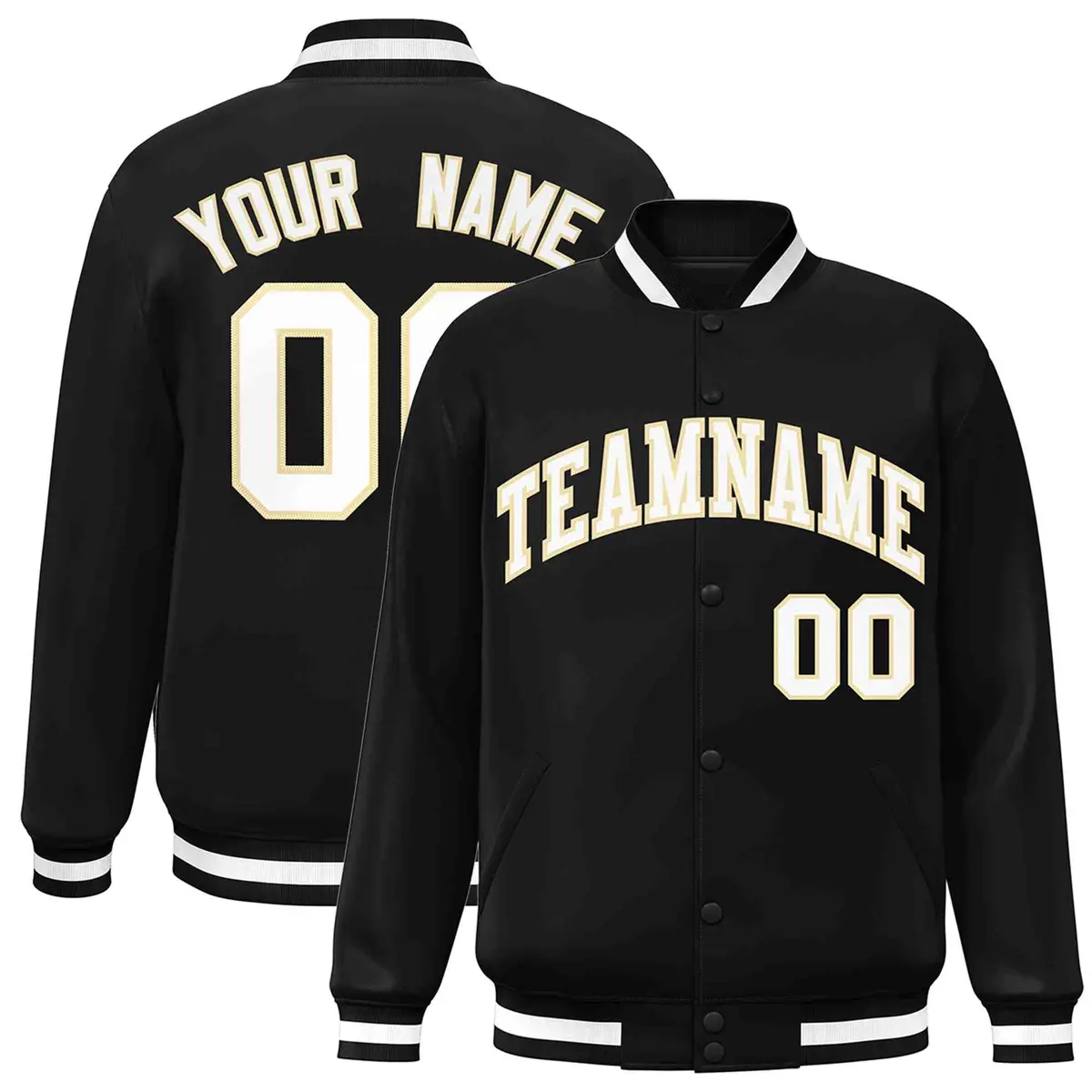 Black White-Khaki Classic Varsity Full-Snap Letterman Jacket