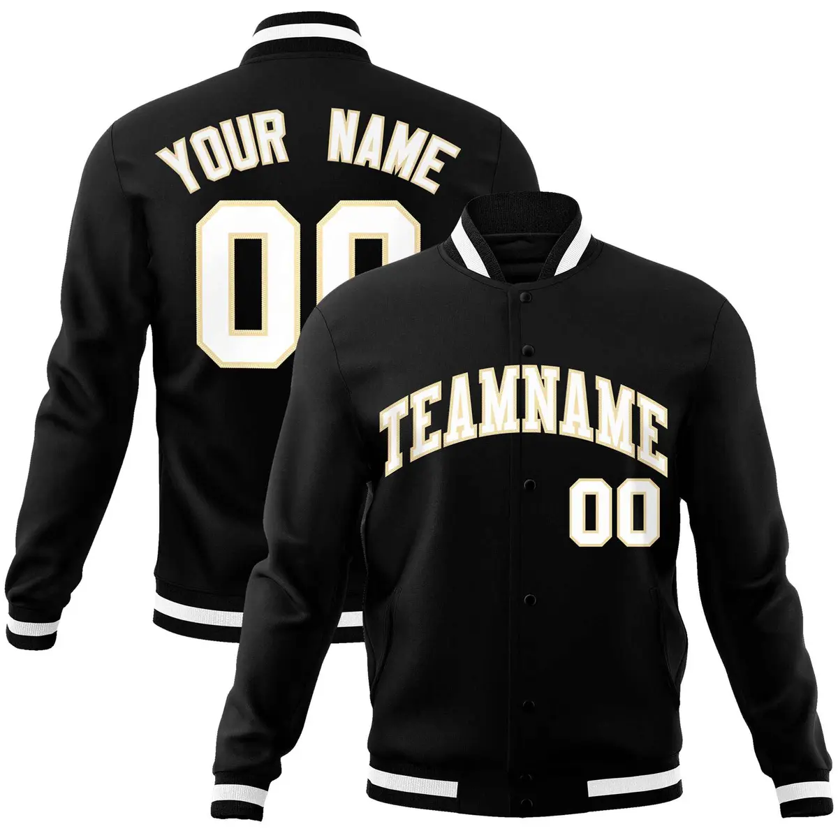 Black White-Khaki Classic Varsity Full-Snap Letterman Jacket