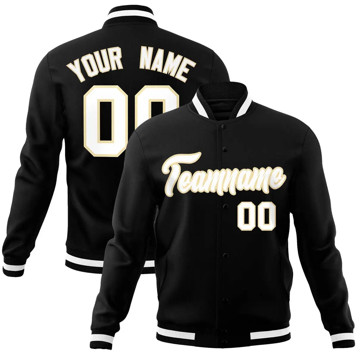 Black White-Khaki Classic Varsity Full-Snap Letterman Jacket