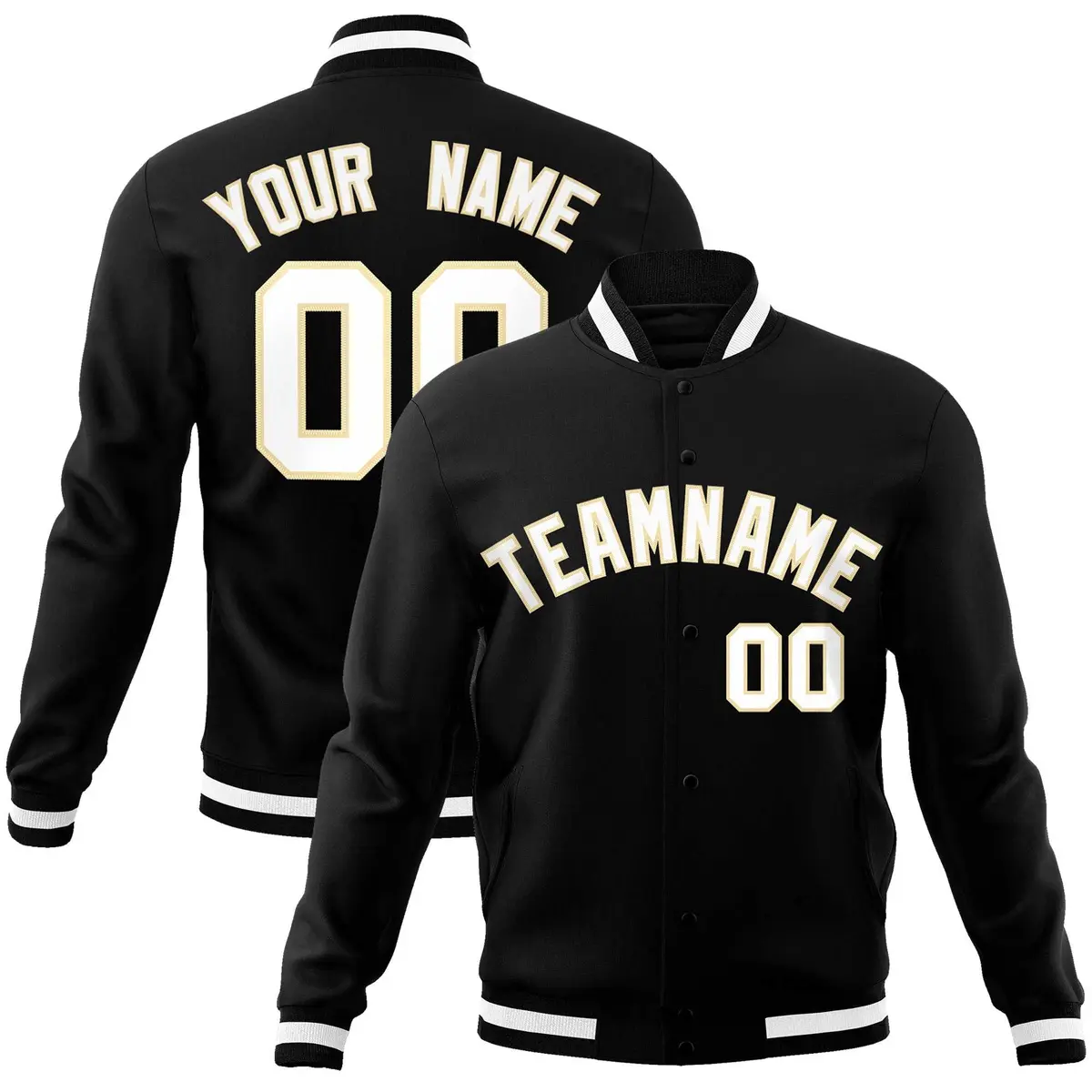 Black White-Khaki Classic Varsity Full-Snap Letterman Jacket