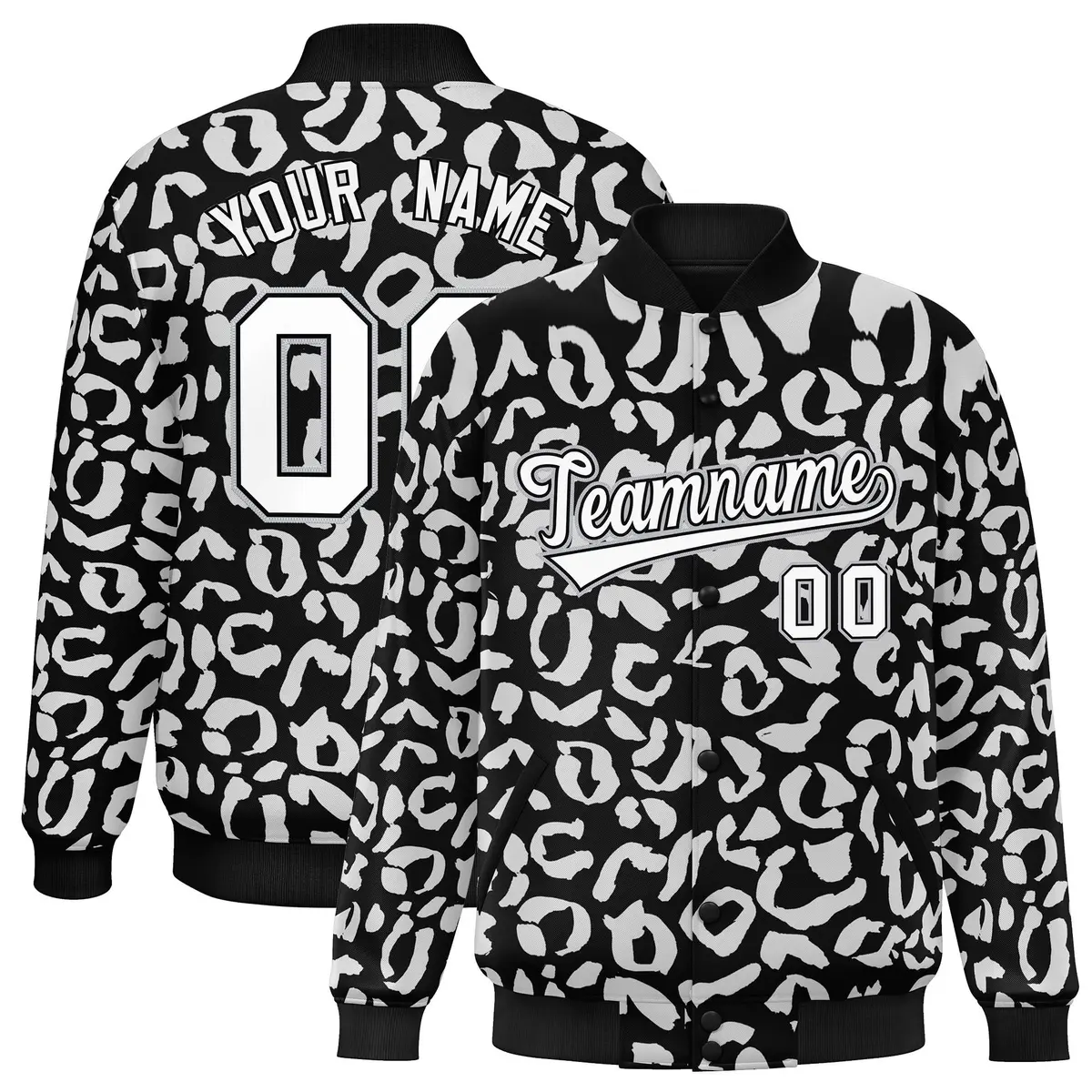 Black White Leopard Graffiti Varsity Letterman Baseball Jacket