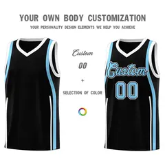 Black White-Light Blue Ribbon Pattern Basketball Kits 3