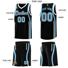 Black White-Light Blue Ribbon Pattern Basketball Kits 5