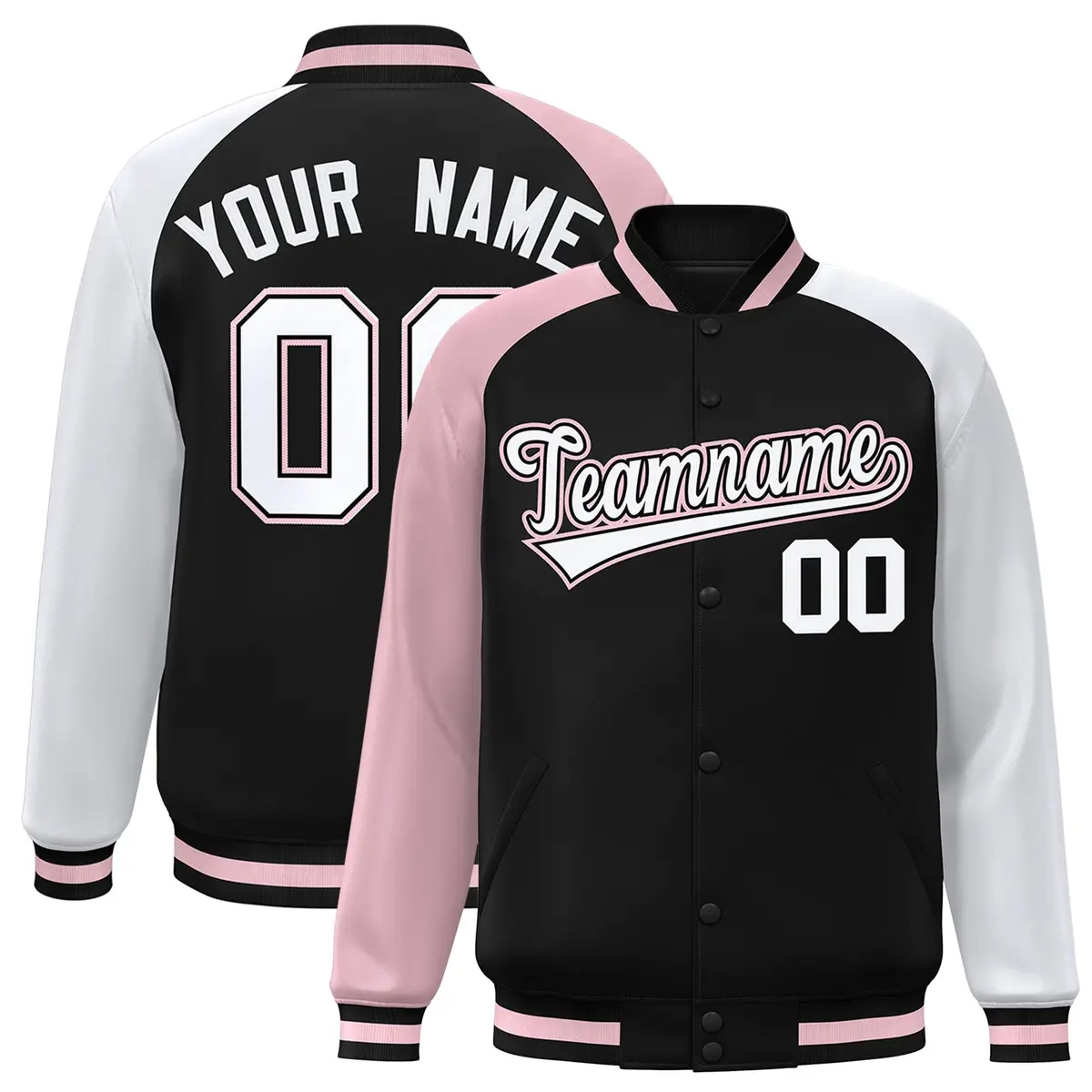 Black White-Light Pink Varsity Full-Snap Raglan Letterman Bomber Jacket