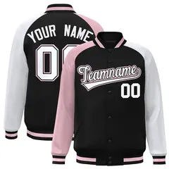 Black White-Light Pink Varsity Full-Snap Raglan Letterman Bomber Jacket