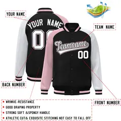 Black White-Light Pink Varsity Full-Snap Raglan Letterman Bomber Jacket 2