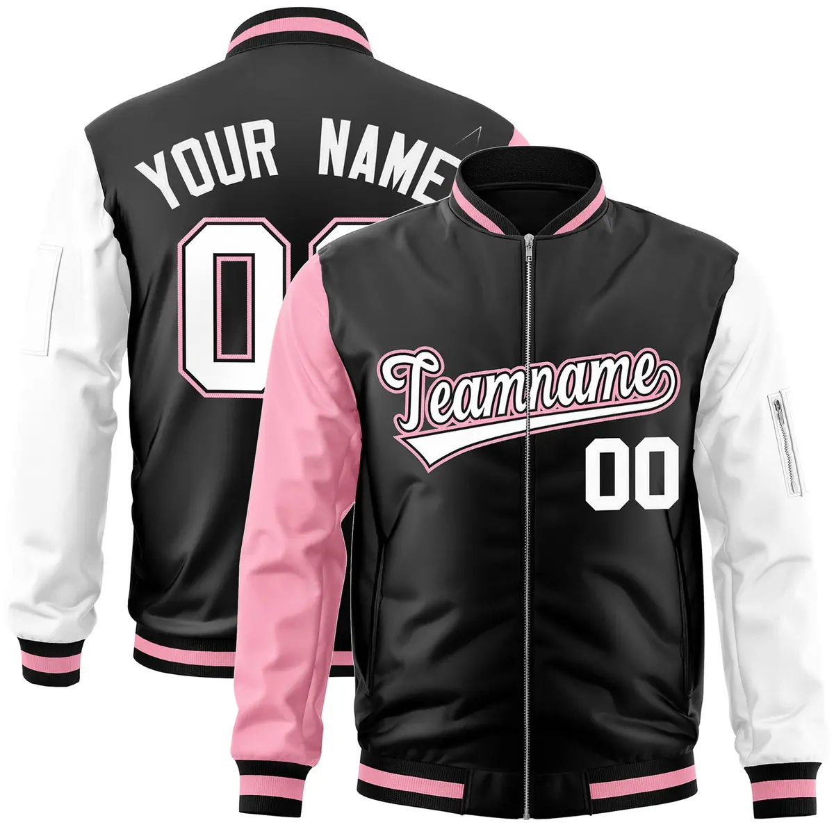 Black White-Light Pink Varsity Full-Zip Raglan Letterman Bomber Jacket