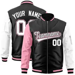 Black White-Light Pink Varsity Full-Zip Raglan Letterman Bomber Jacket 1