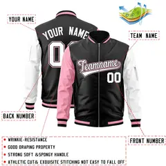 Black White-Light Pink Varsity Full-Zip Raglan Letterman Bomber Jacket 2