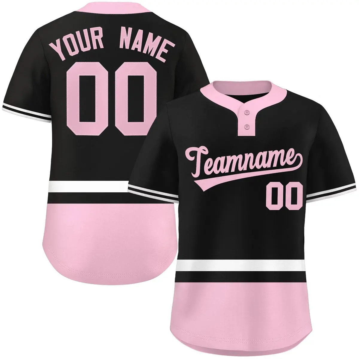 Black White-Lt Pink Color Block Two-Button Softball Jersey