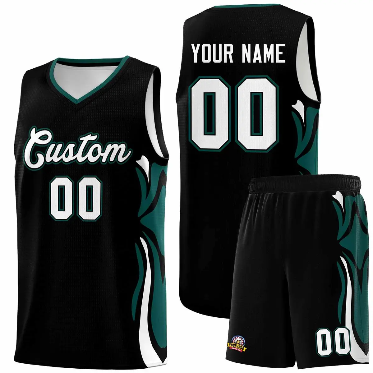 Black White Midnight Green Graffiti Side Curve Basketball Jersey Sets