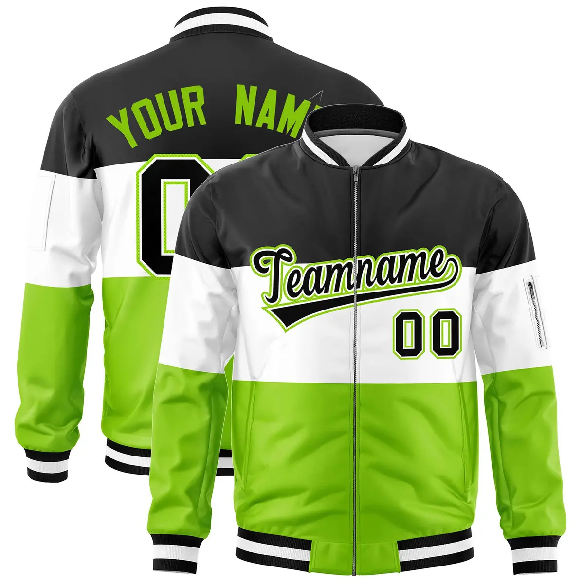 Black White-Neon Green Varsity Color Block Full-Zip Letterman Bomber Jacket