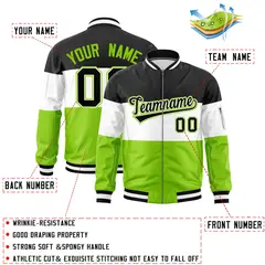 Black White-Neon Green Varsity Color Block Full-Zip Letterman Bomber Jacket 2