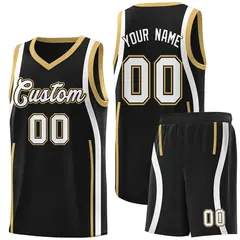 Black White-Old Gold Ribbon Pattern Basketball Kits 1