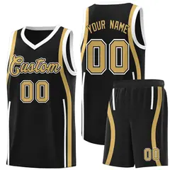 Black White-Old Gold Ribbon Pattern Basketball Kits 1