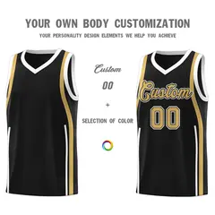 Black White-Old Gold Ribbon Pattern Basketball Kits 3