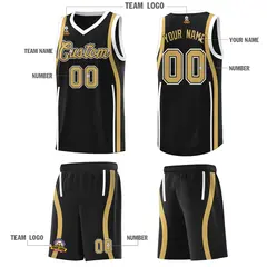 Black White-Old Gold Ribbon Pattern Basketball Kits 5