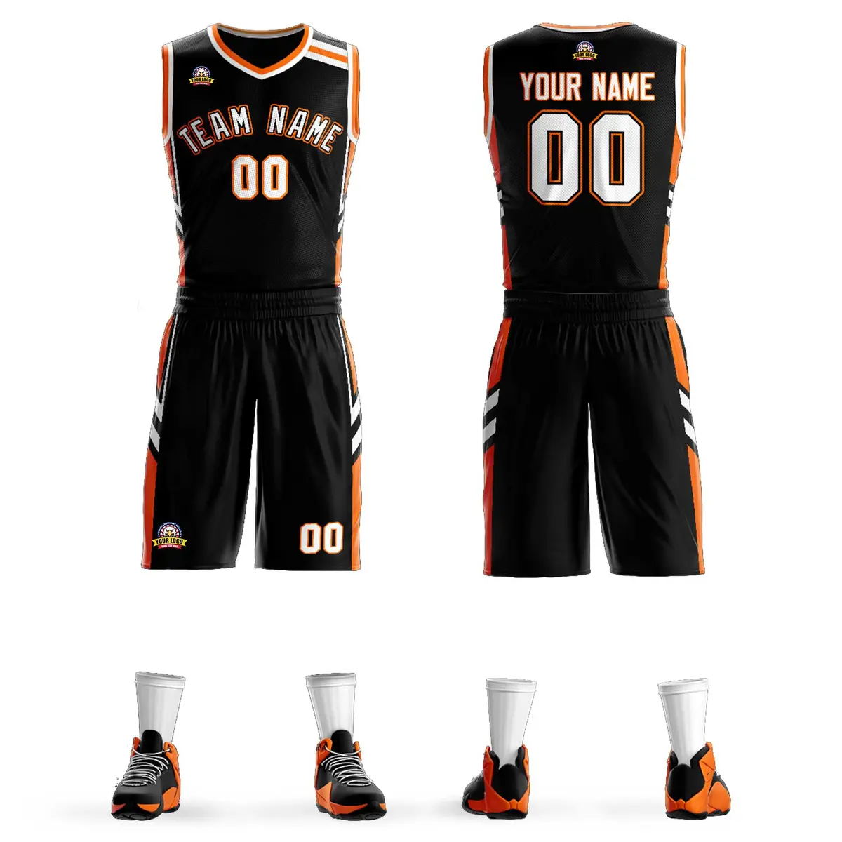 Black White Orange Classic Mesh Basketball Jersey Sets