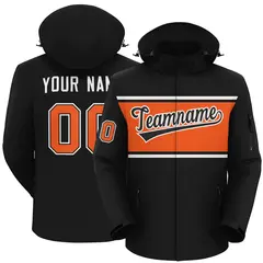 Black White-Orange Color Block Hooded Waterproof Jacket