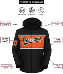 Black White-Orange Color Block Hooded Waterproof Jacket 2