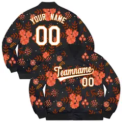 Black White-Orange Flowers Graffiti Bomber Varsity Jacket