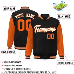 Black White-Orange Raglan Varsity Full-Snap Letterman Jacket 2