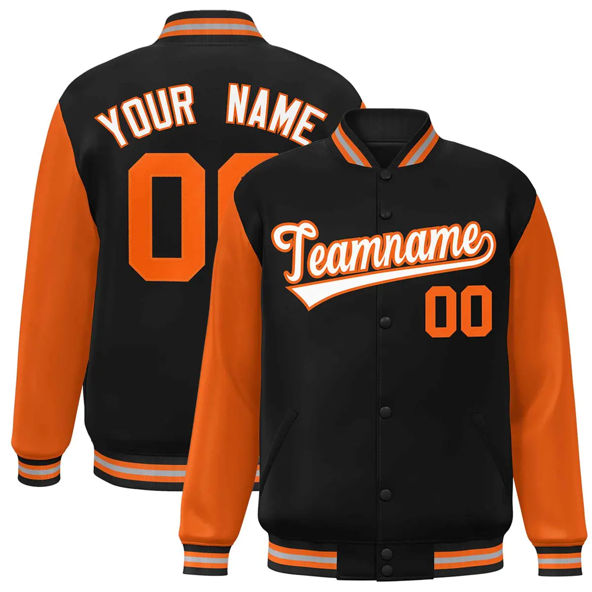 Black White-Orange Raglan Varsity Full-Snap Letterman Jacket