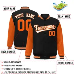 Black White-Orange Raglan Varsity Full-Snap Letterman Jacket 2