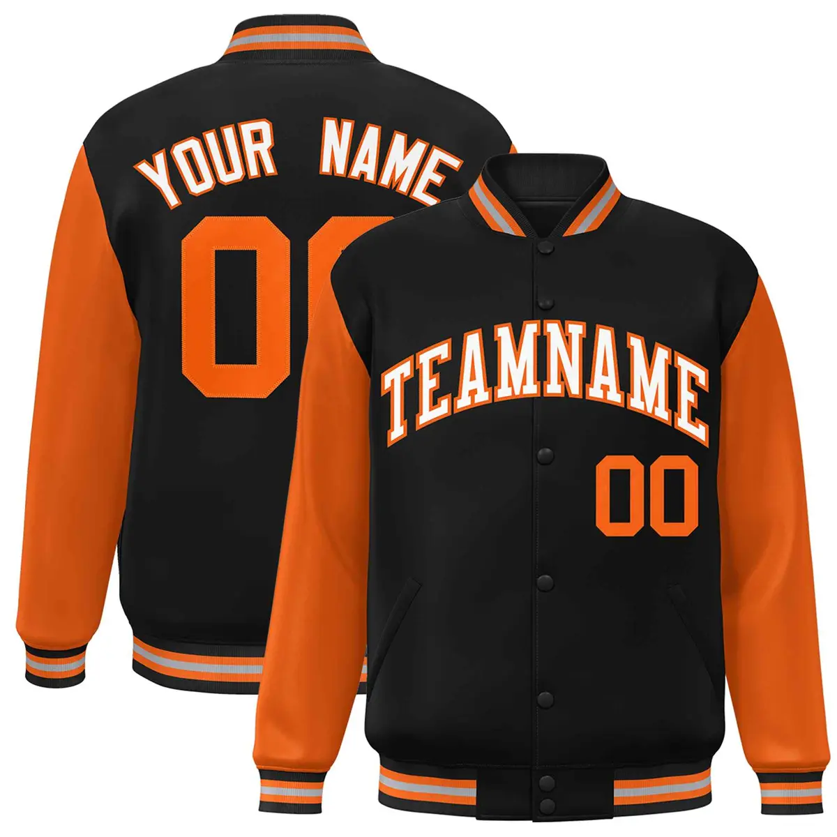 Black White-Orange Raglan Varsity Full-Snap Letterman Jacket